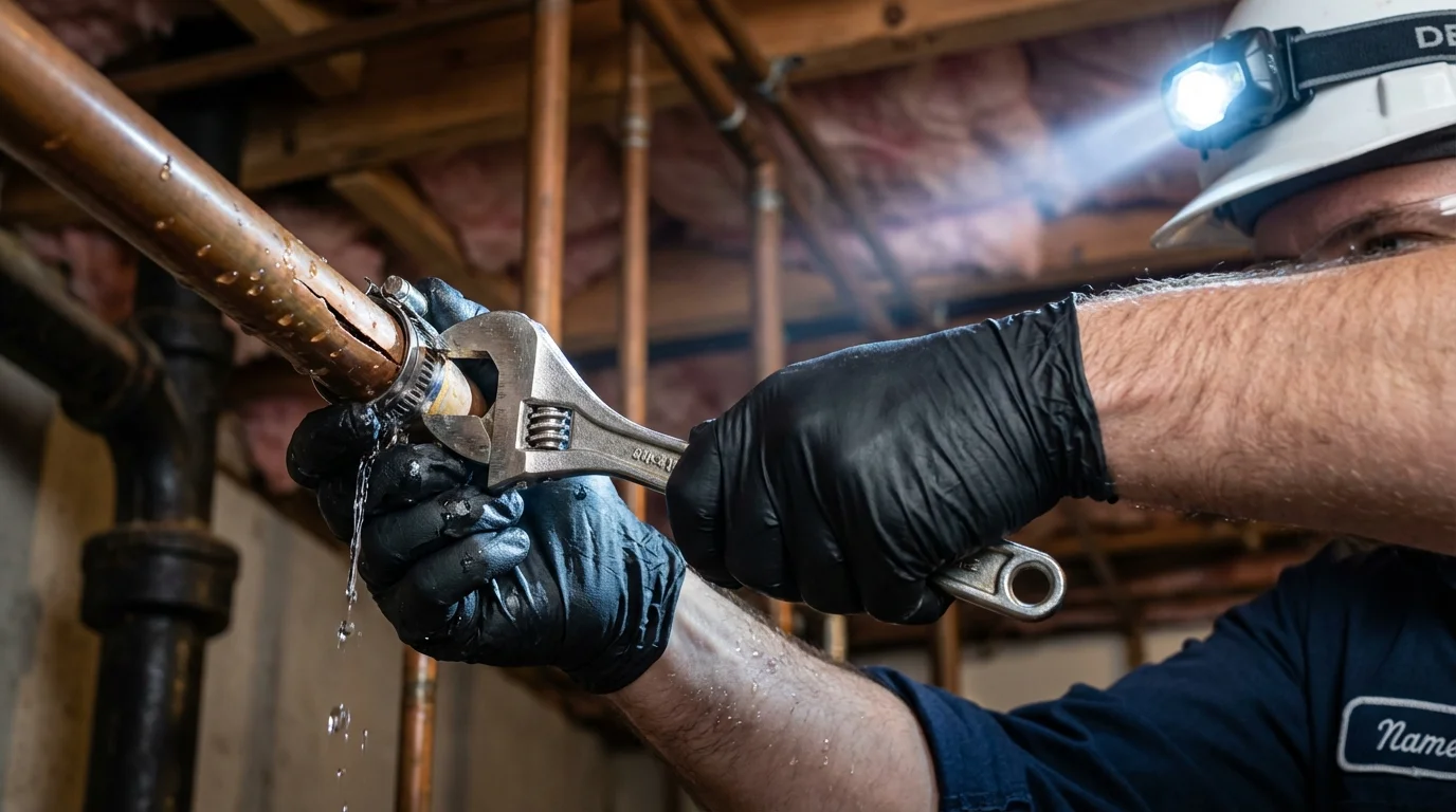Emergency pipe clamp repair being performed by a Johns Plumbing LLC plumber in Iola