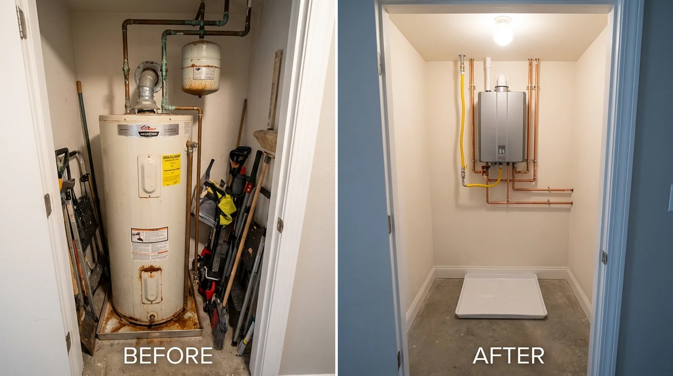 Tank water heater versus wall-mounted tankless unit comparison for Iola, KS homeowners
