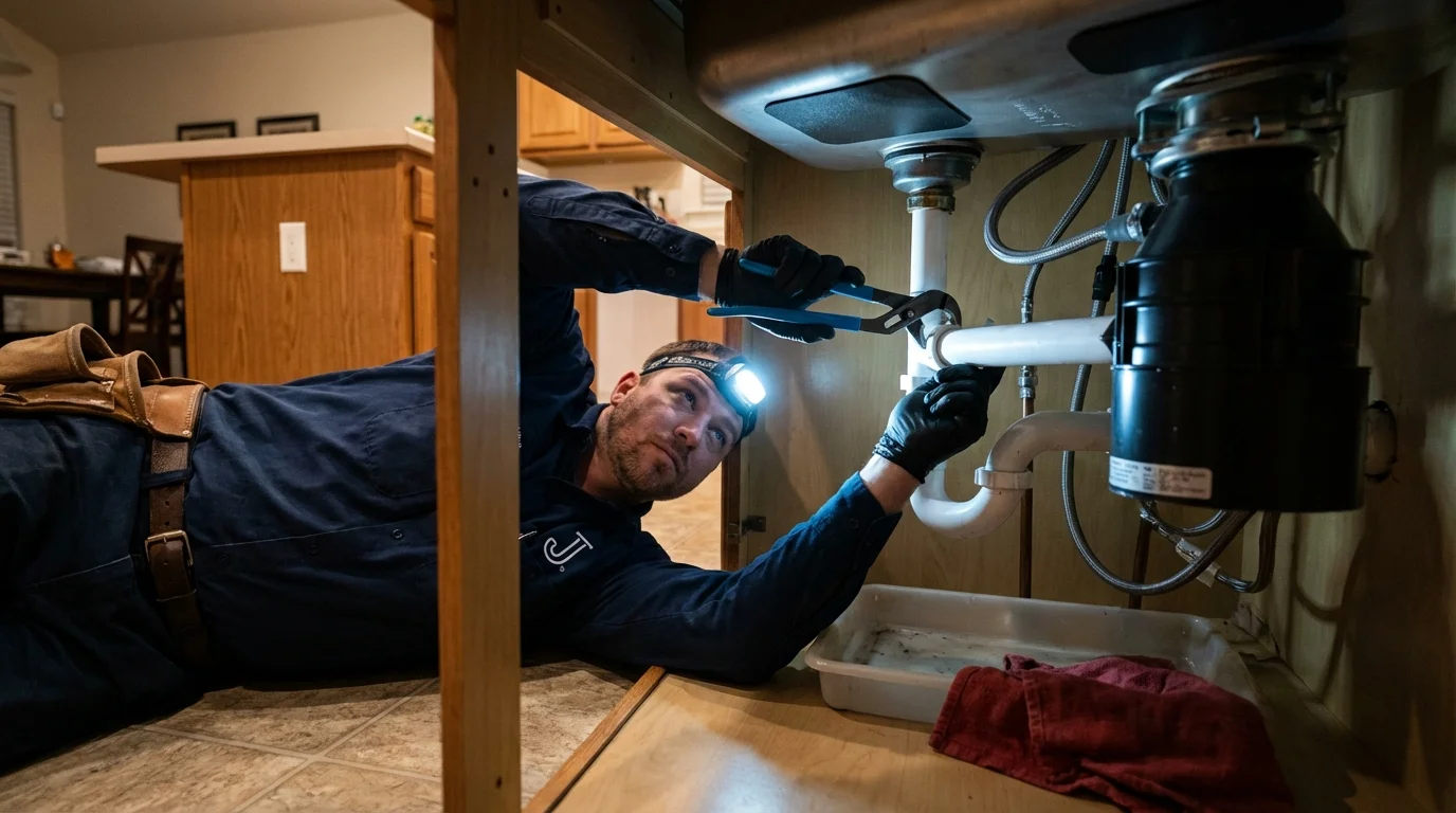 P-trap and supply line connections under a kitchen sink showing a common leak point in Iola, KS